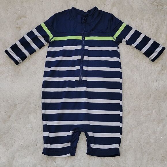 CARTER'S NAVY BLUE AND WHITE STRIPED ONE-PIECE RASHGUARD SWIMSUIT, SIZE 6-9 MOS. - Picture 1 of 5